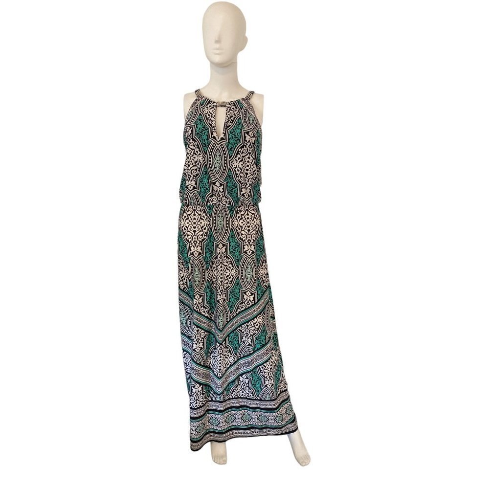 WHITE HOUSE BLACK MARKET WOMEN'S BLACK AND TEAL BLOUSON GEO MAXI DRESS SZ S